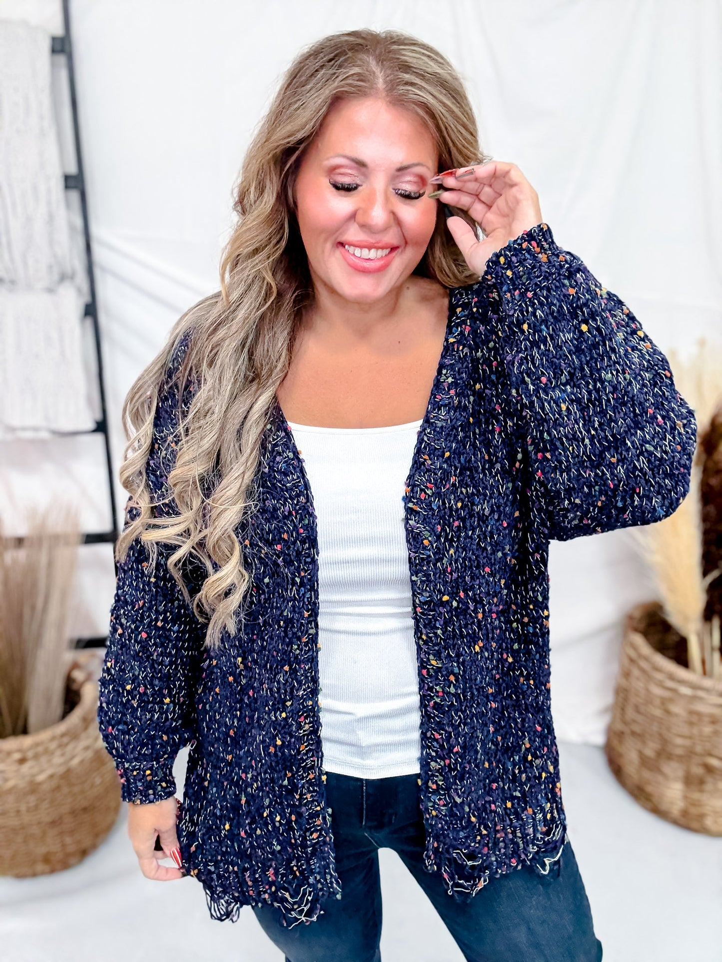 Navy Chenille Destroyed Cardigan With Rainbow Popcorn Texture