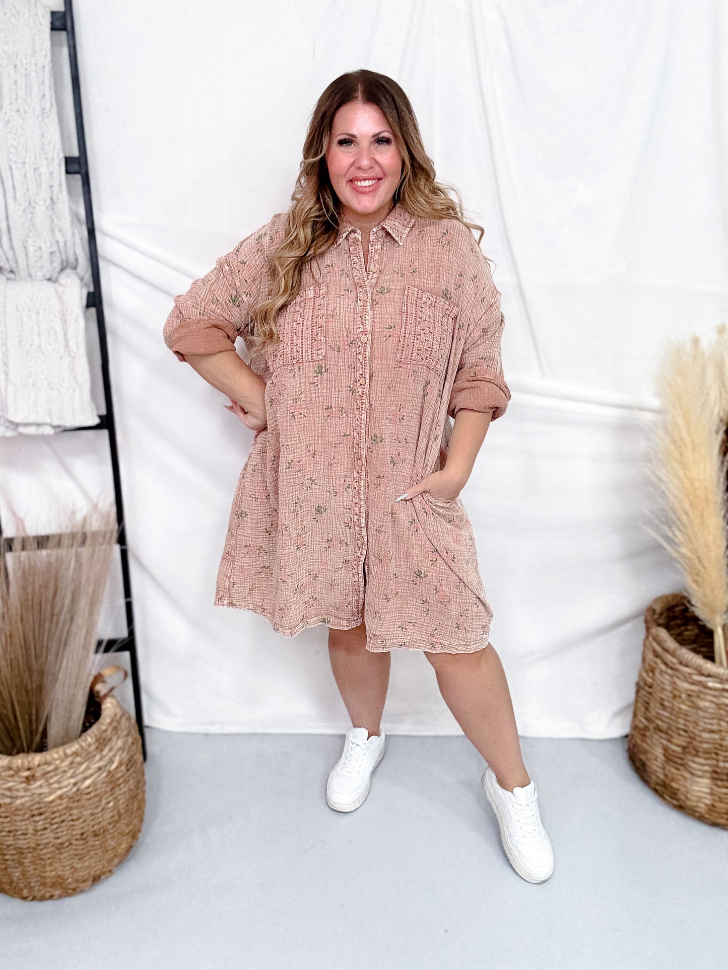 Floral Print Mocha Cotton Gauze Shirt Dress