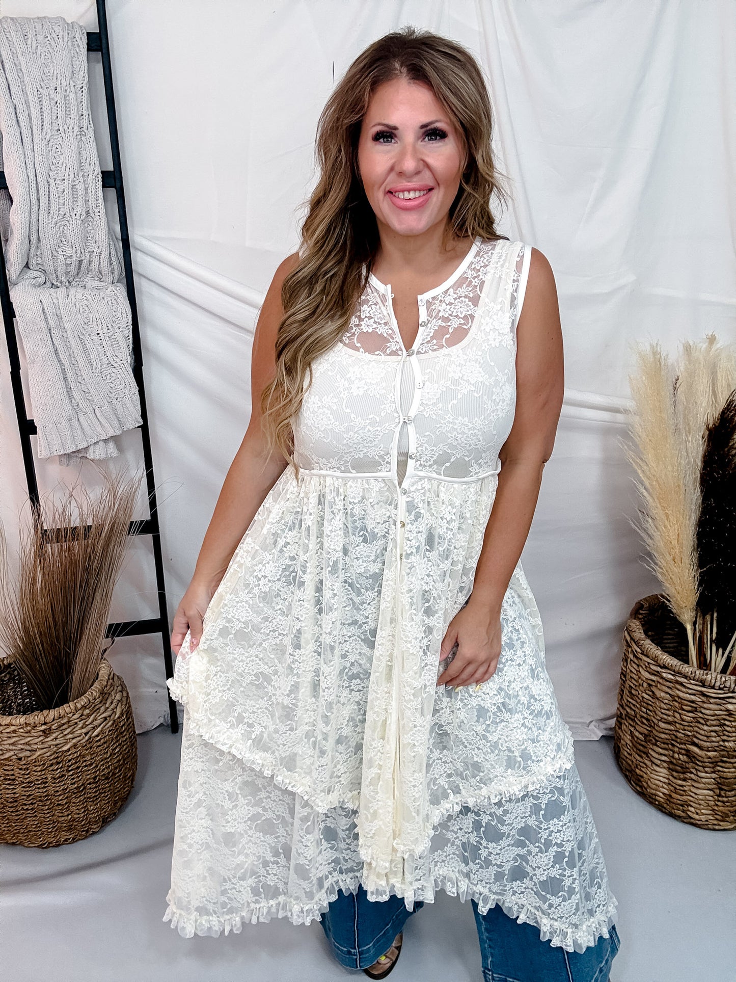 Cream Lace Button Front Duster With High-Low Hemline