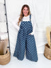 Checkered Denim Wide Leg Overalls