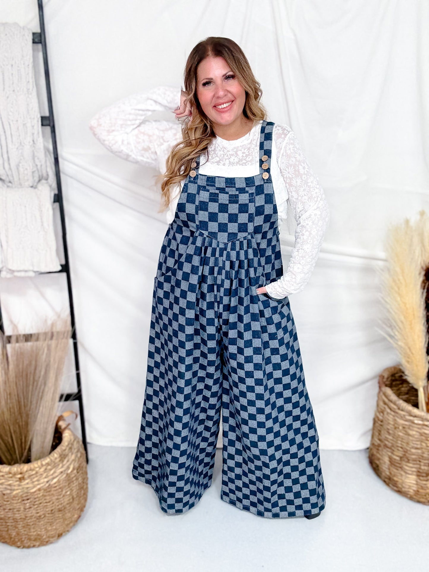 Checkered Denim Wide Leg Overalls