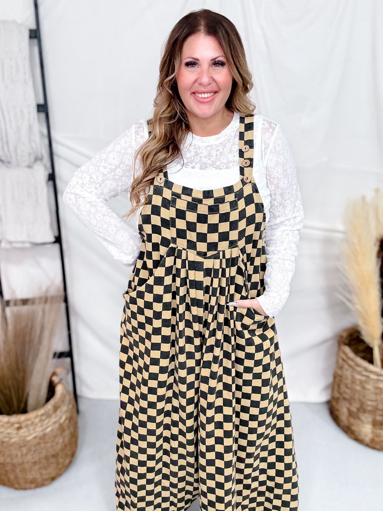 Mocha & Black Checkerboard Wide Leg Overalls Mocha & Black Checkerboard Wide Leg Overalls