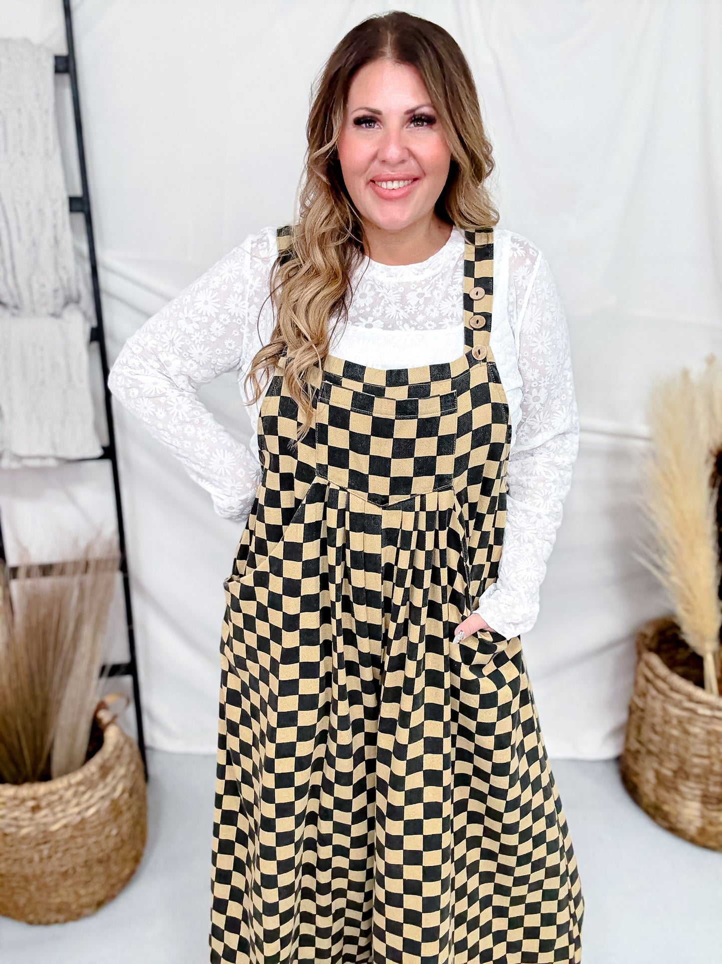 Mocha & Black Checkerboard Wide Leg Overalls