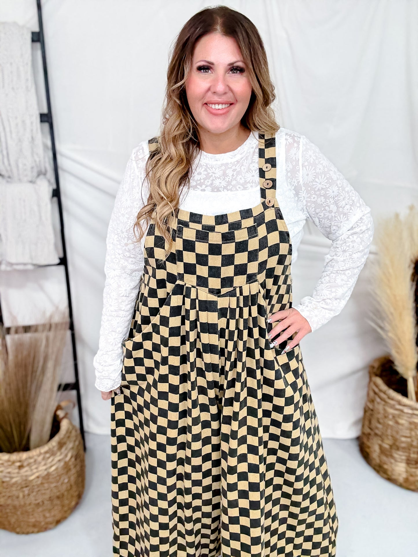 Mocha & Black Checkerboard Wide Leg Overalls