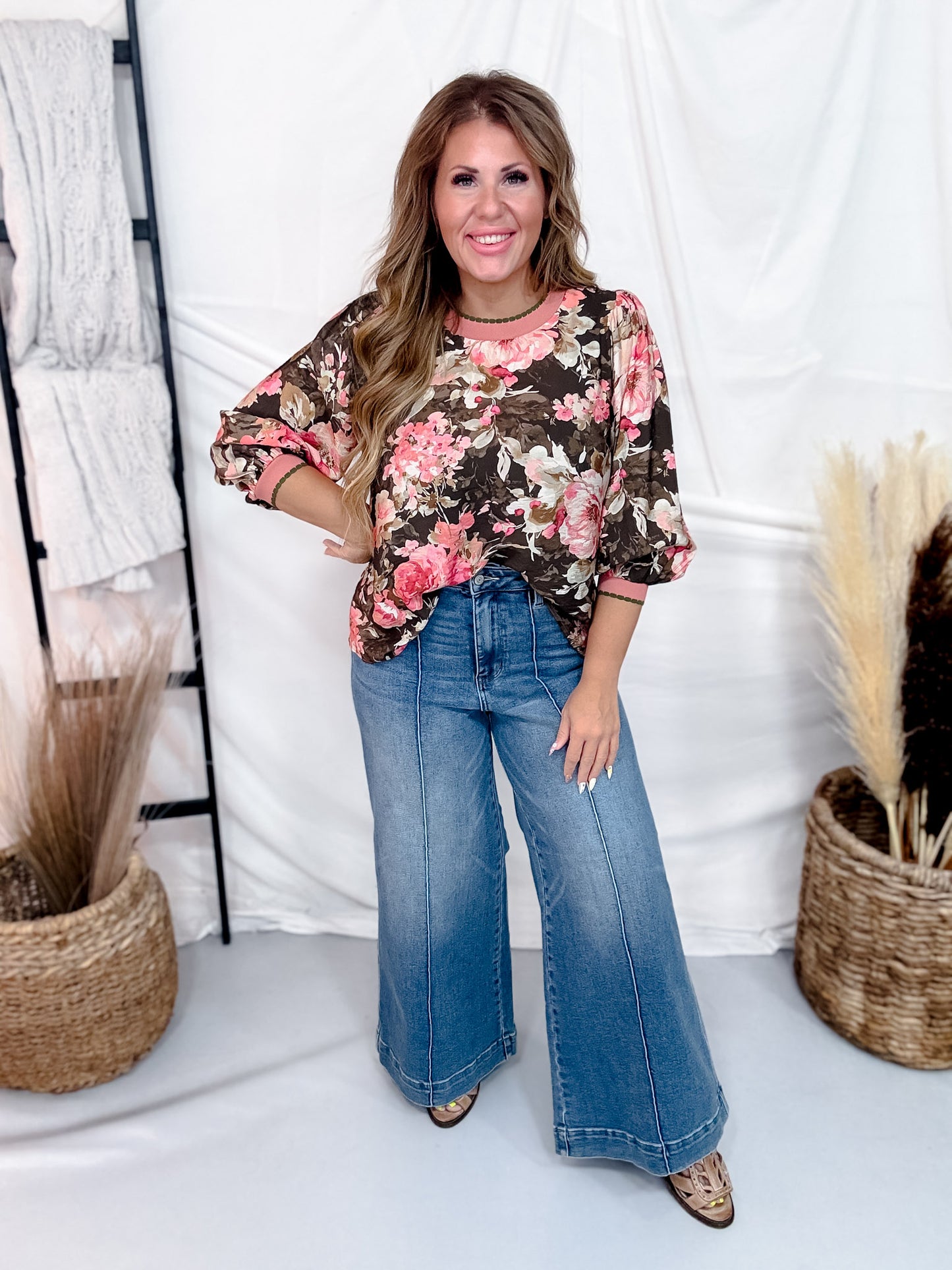Forest Green Floral Top With Contrasting Cuffed Sleeves