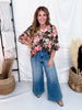 Forest Green Floral Top With Contrasting Cuffed Sleeves