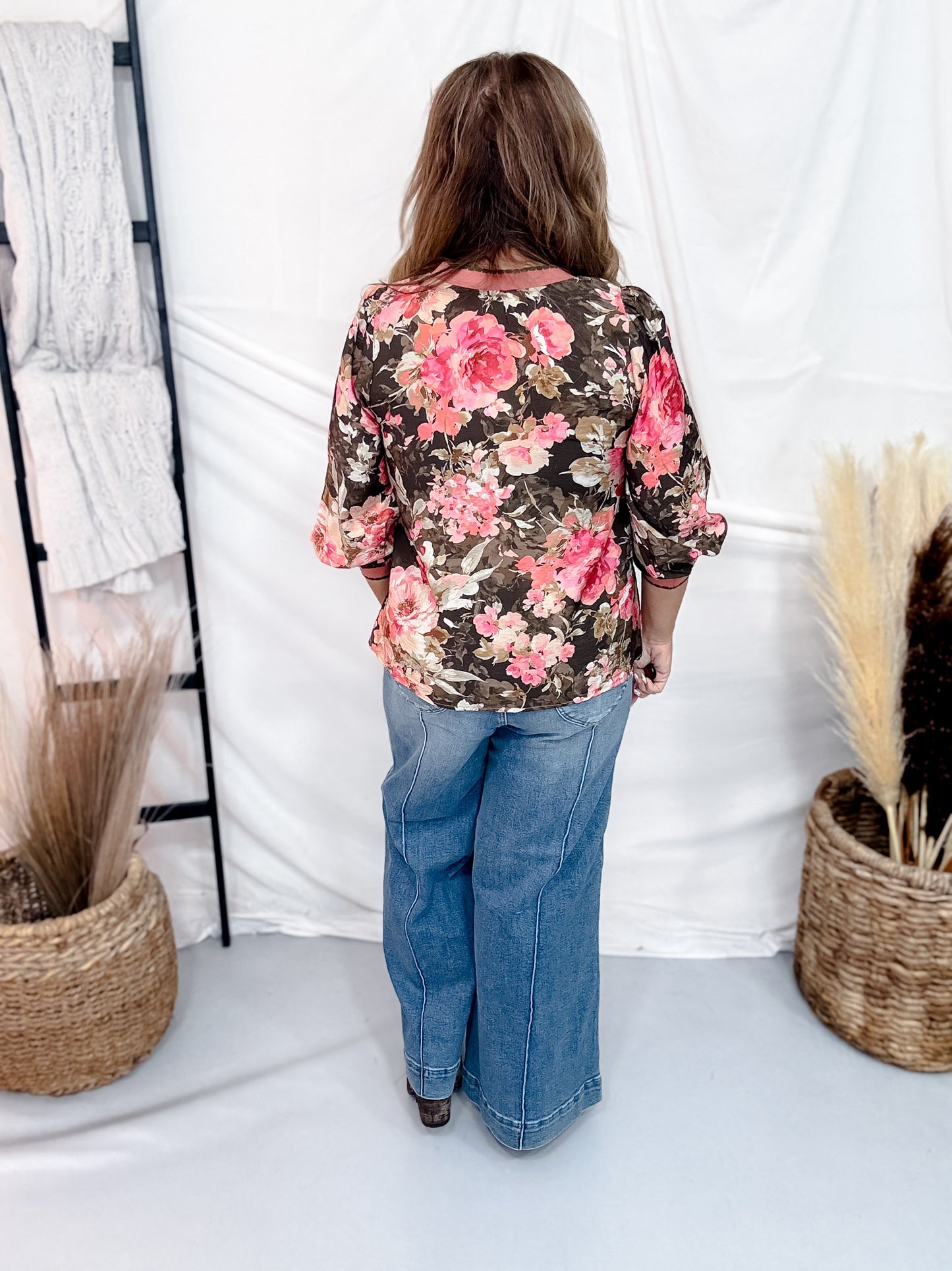 Forest Green Floral Top With Contrasting Cuffed Sleeves