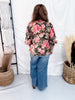Forest Green Floral Top With Contrasting Cuffed Sleeves