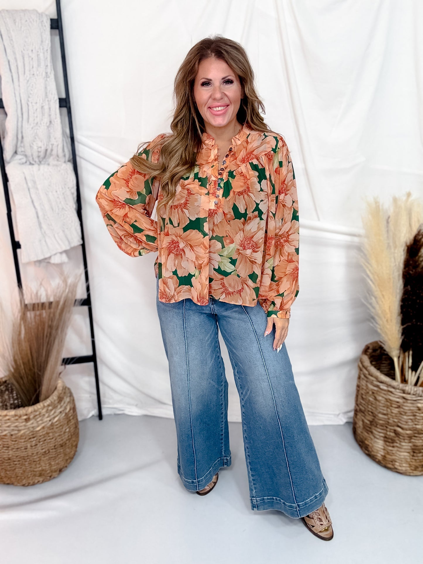 Peach & Green Floral Print Chiffon Blouse