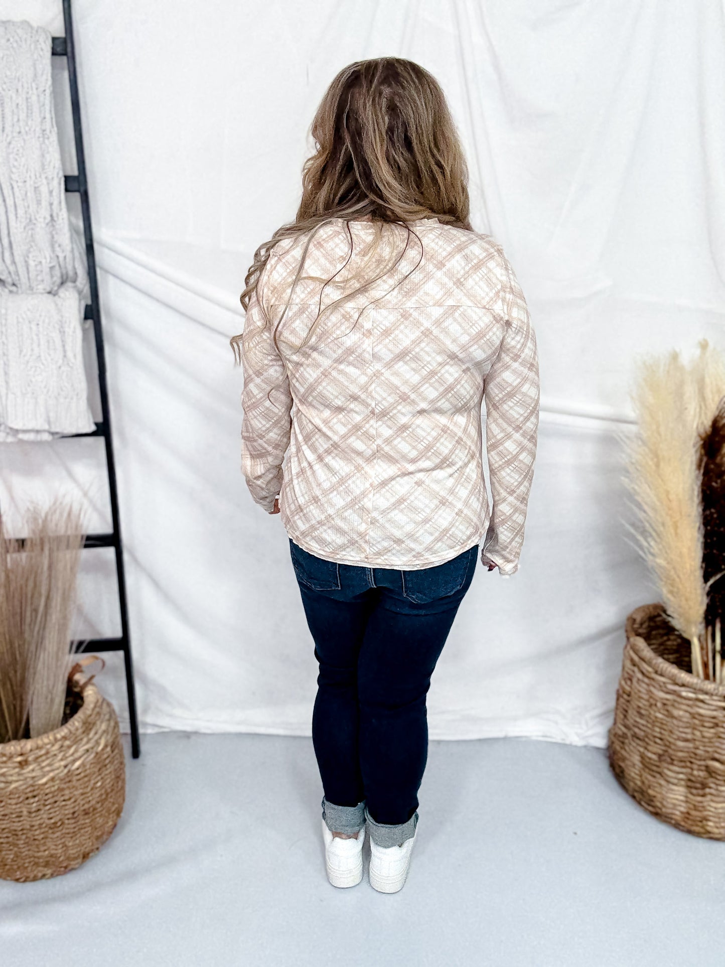 Beige Plaid Sheer Button Front Top
