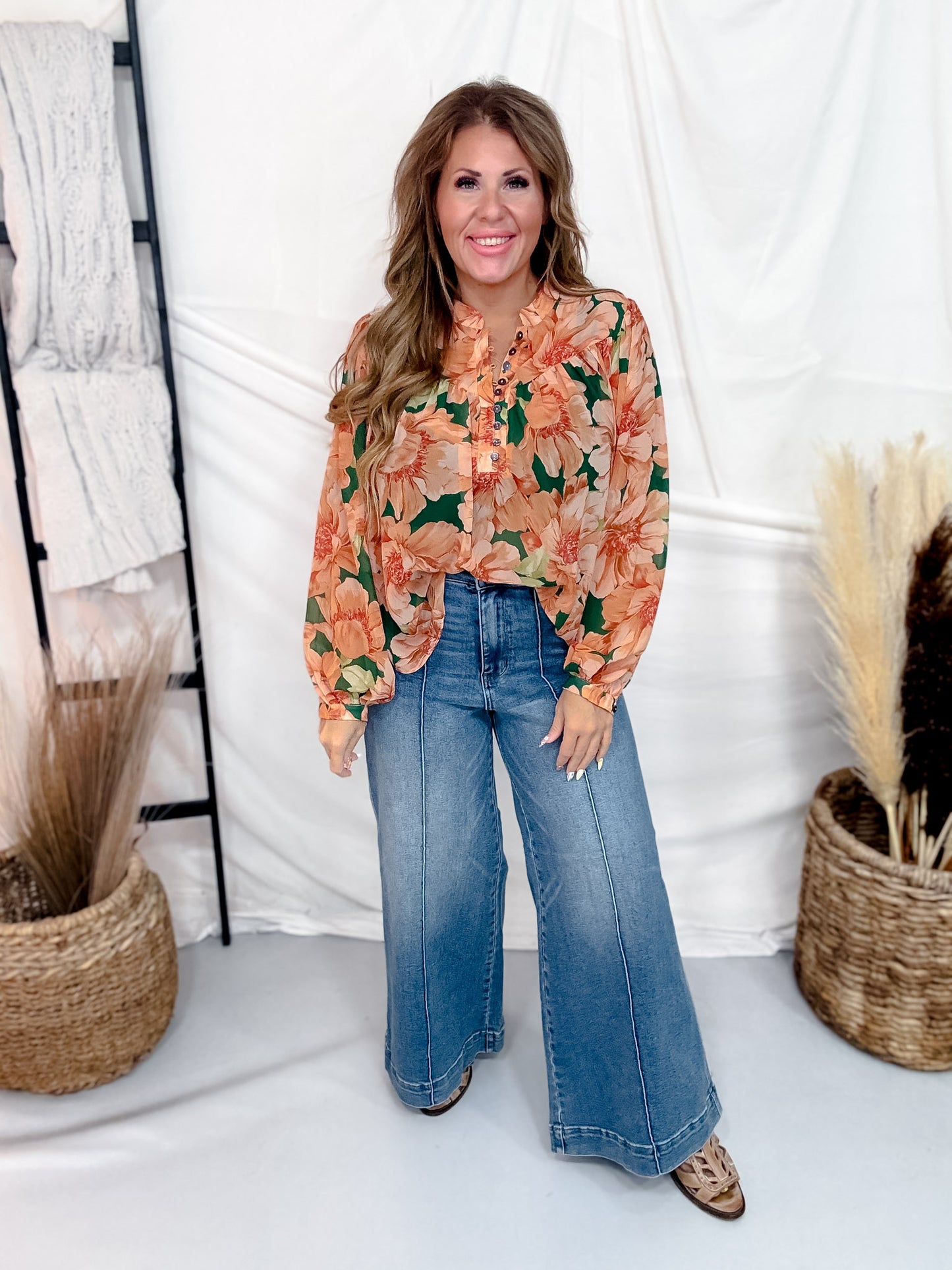 Peach & Green Floral Print Chiffon Blouse