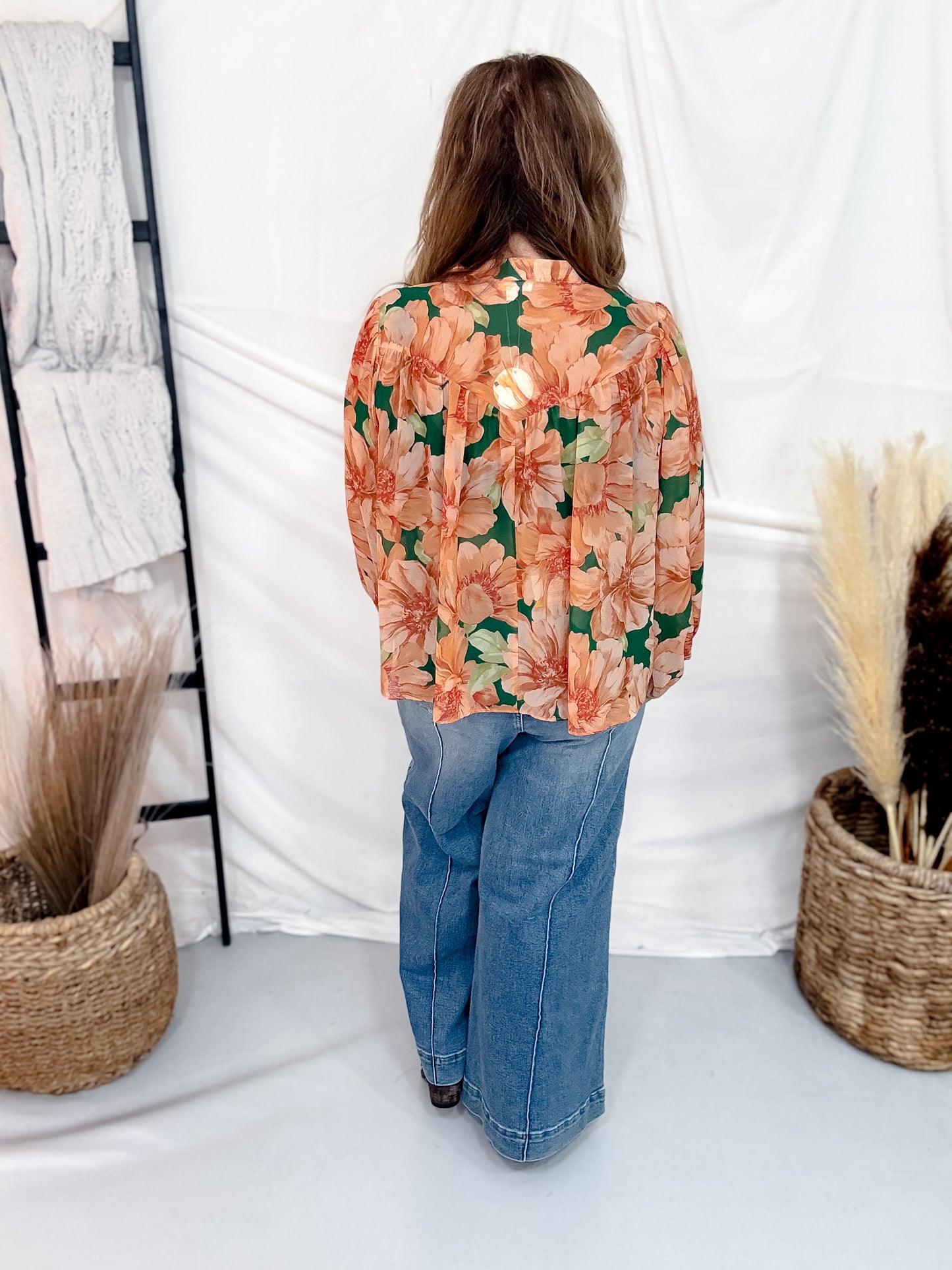 Peach & Green Floral Print Chiffon Blouse