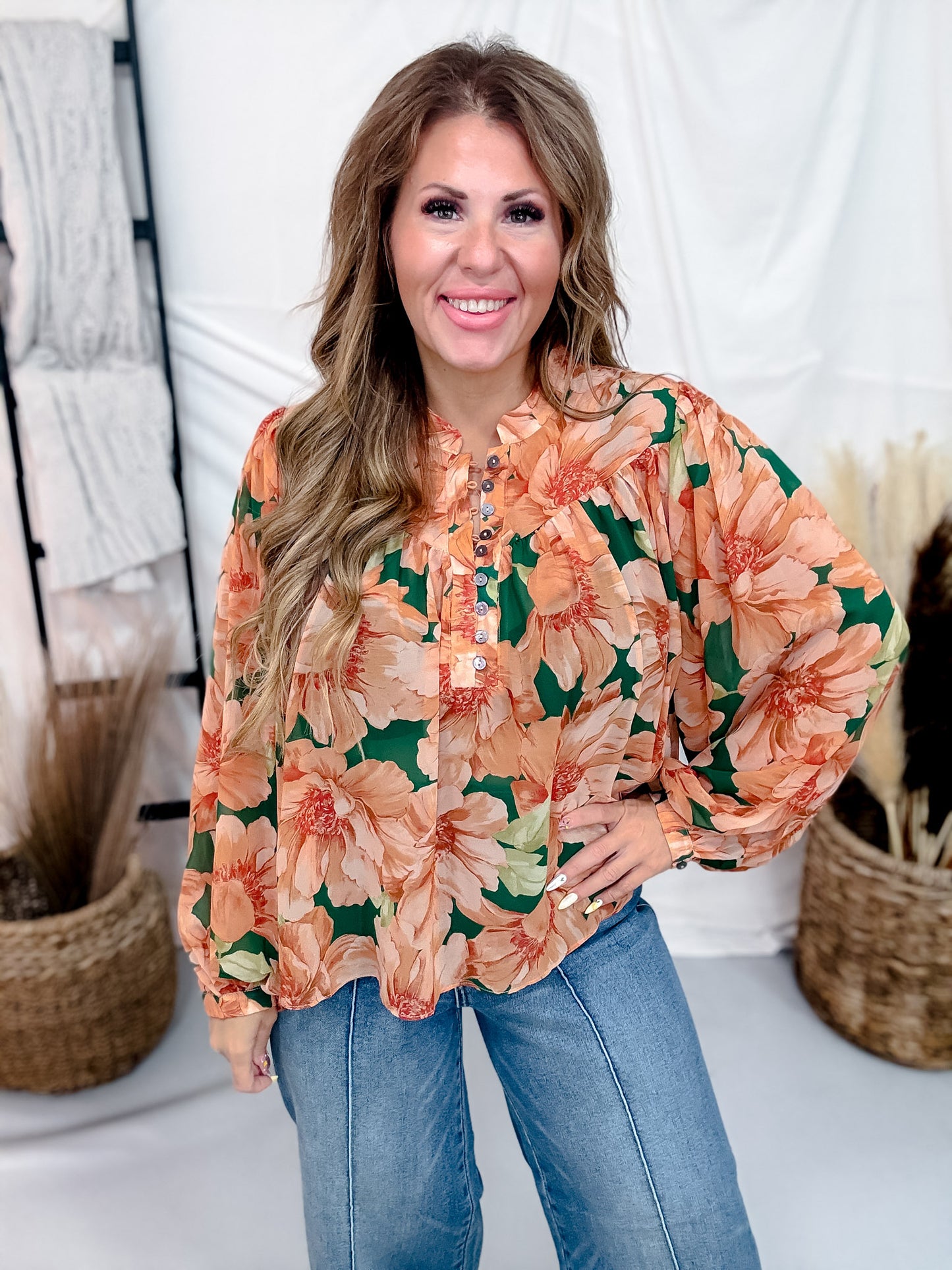 Peach & Green Floral Print Chiffon Blouse