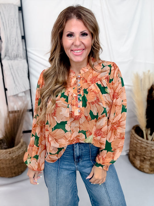 Peach & Green Floral Print Chiffon Blouse