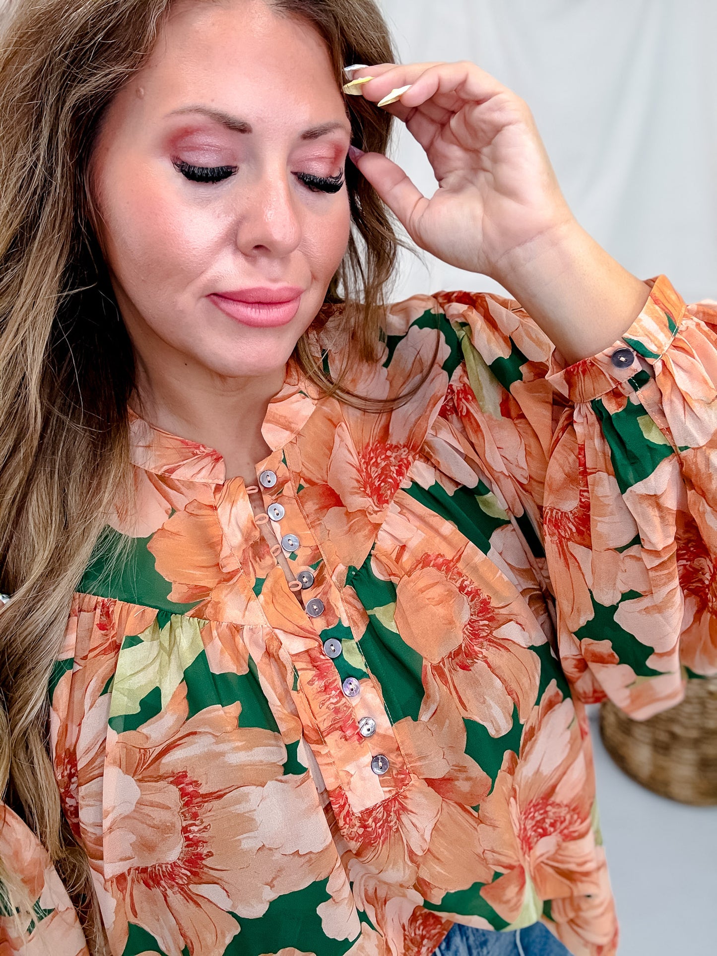 Peach & Green Floral Print Chiffon Blouse