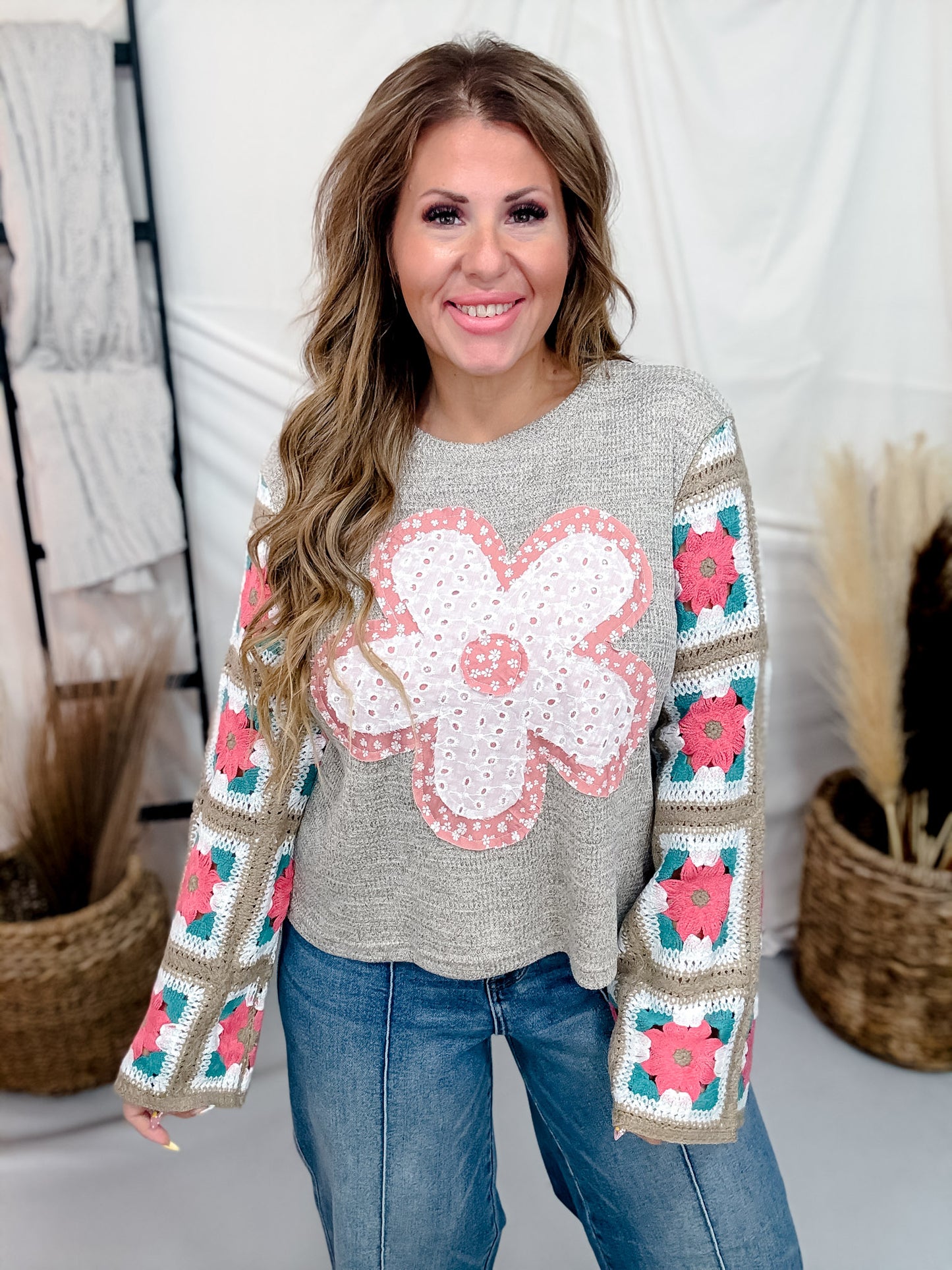 Marled Knit Top With Eyelet Flower & Crochet Sleeves