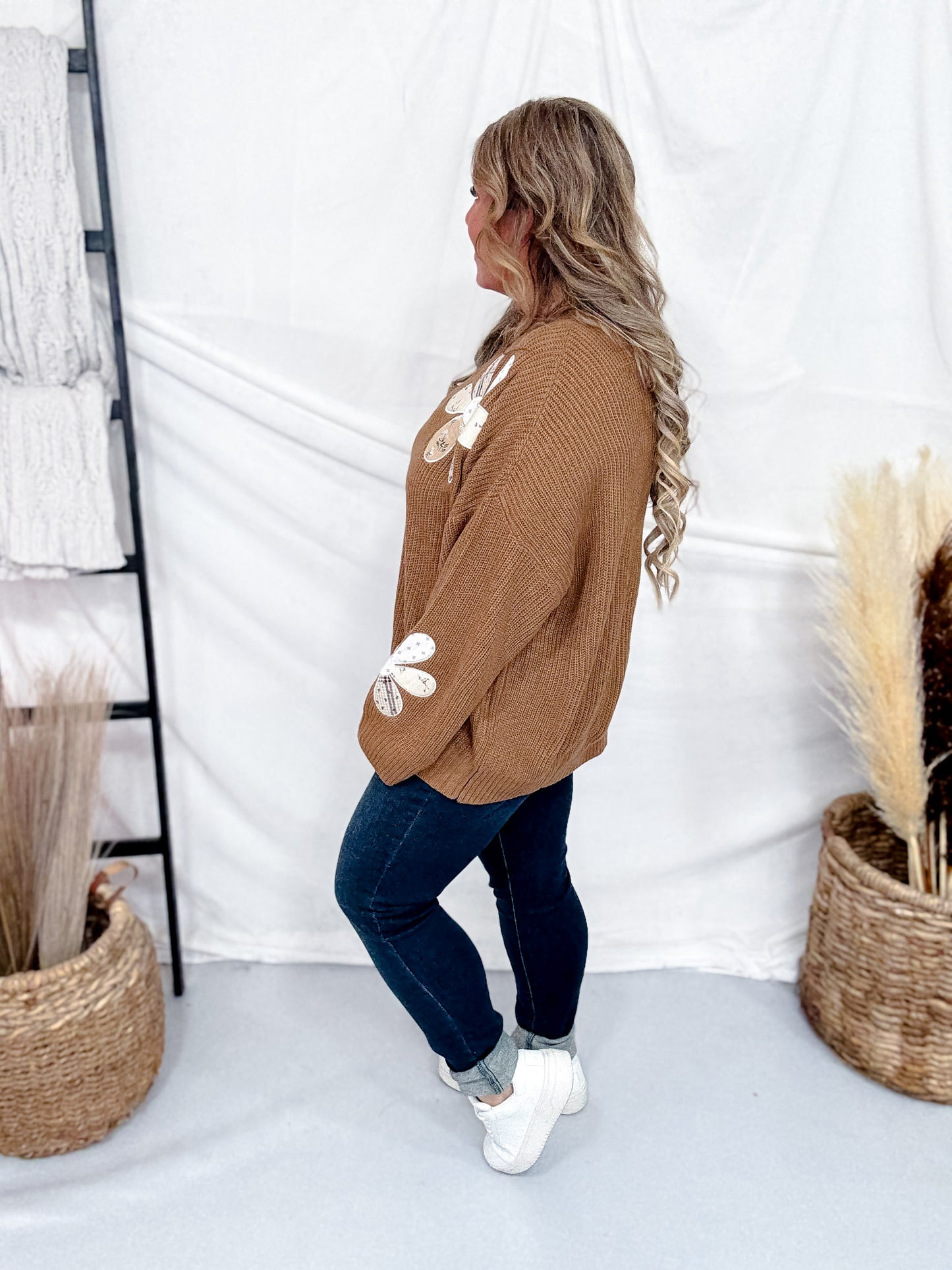 Camel Brown Sweater With Patchwork Flowers