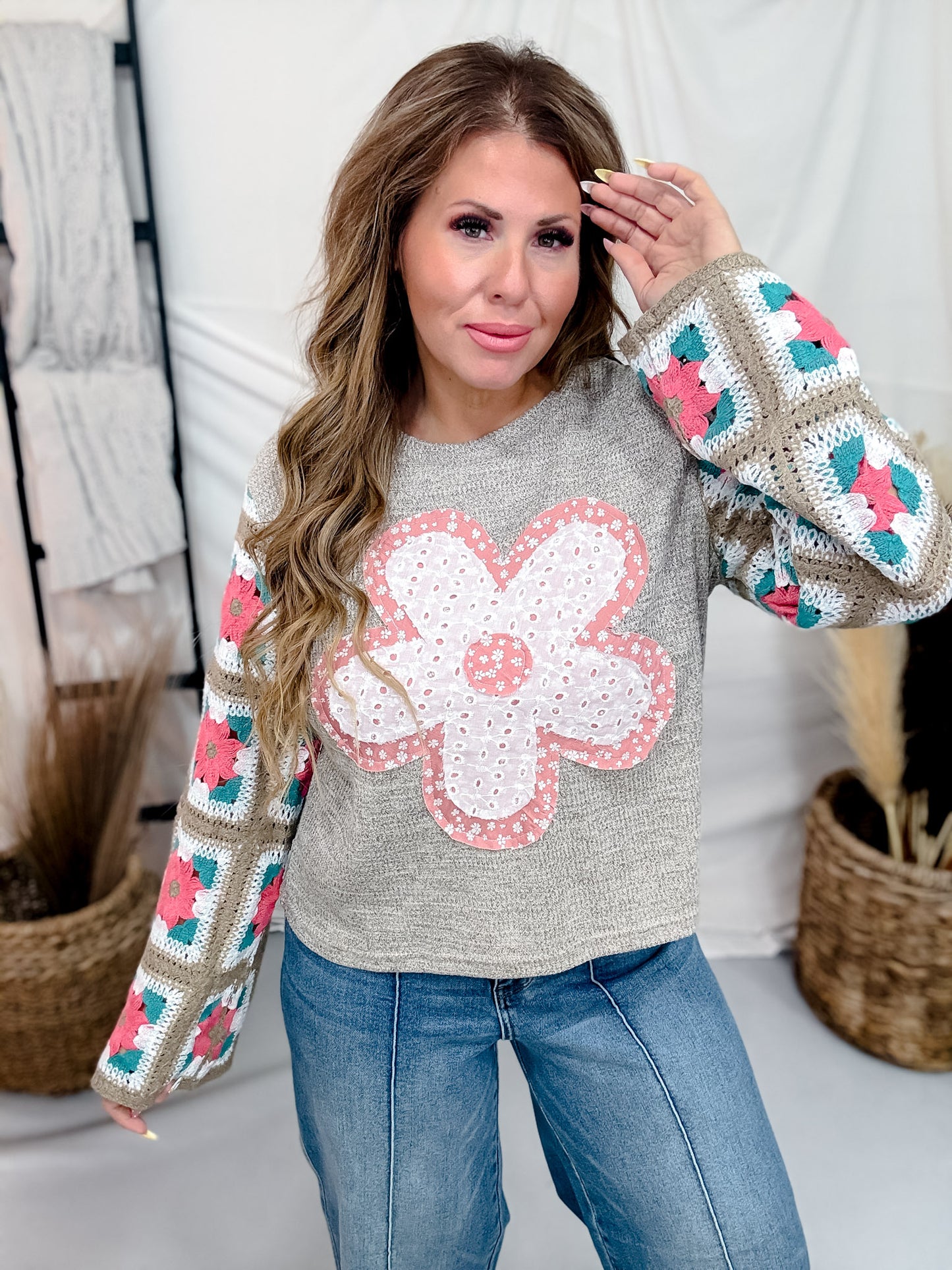 Marled Knit Top With Eyelet Flower & Crochet Sleeves