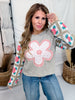 Marled Knit Top With Eyelet Flower & Crochet Sleeves