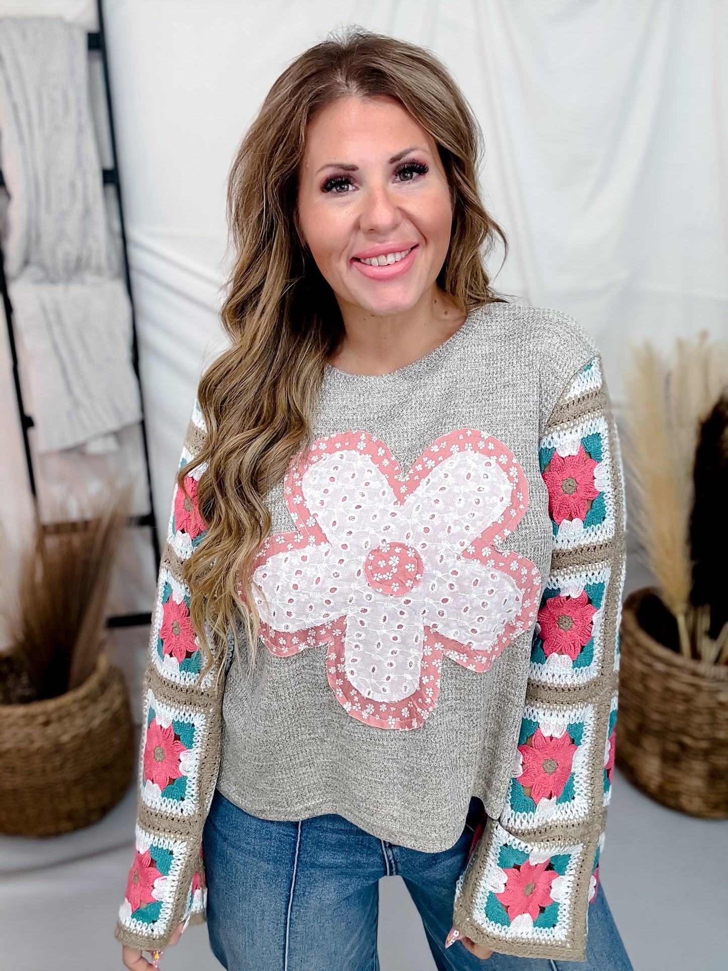 Marled Knit Top With Eyelet Flower & Crochet Sleeves