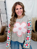 Marled Knit Top With Eyelet Flower & Crochet Sleeves