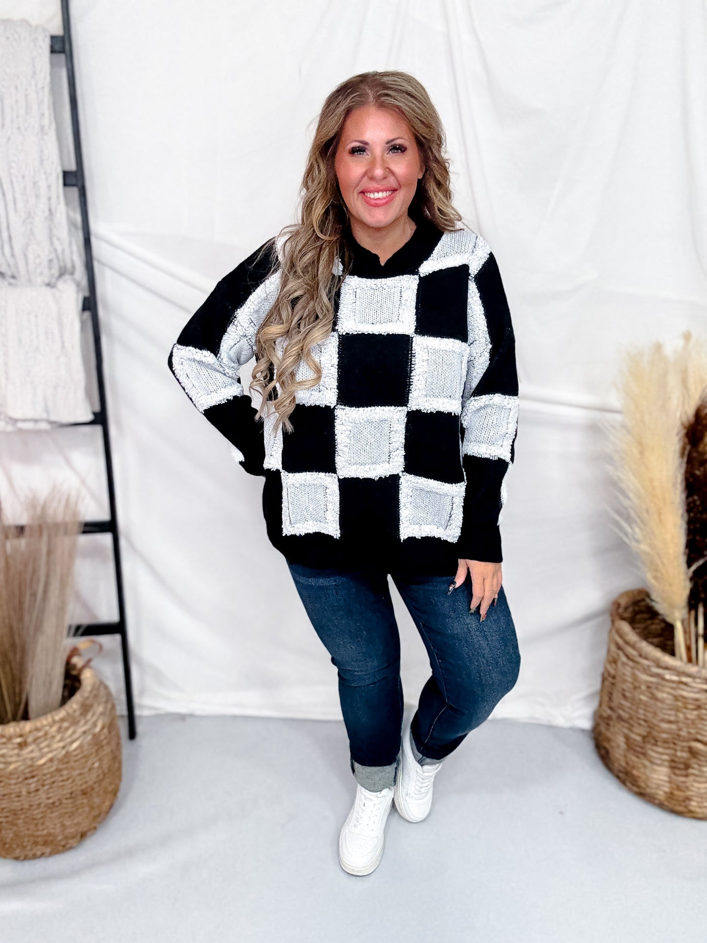 Black & White Checkered Pullover Sweater