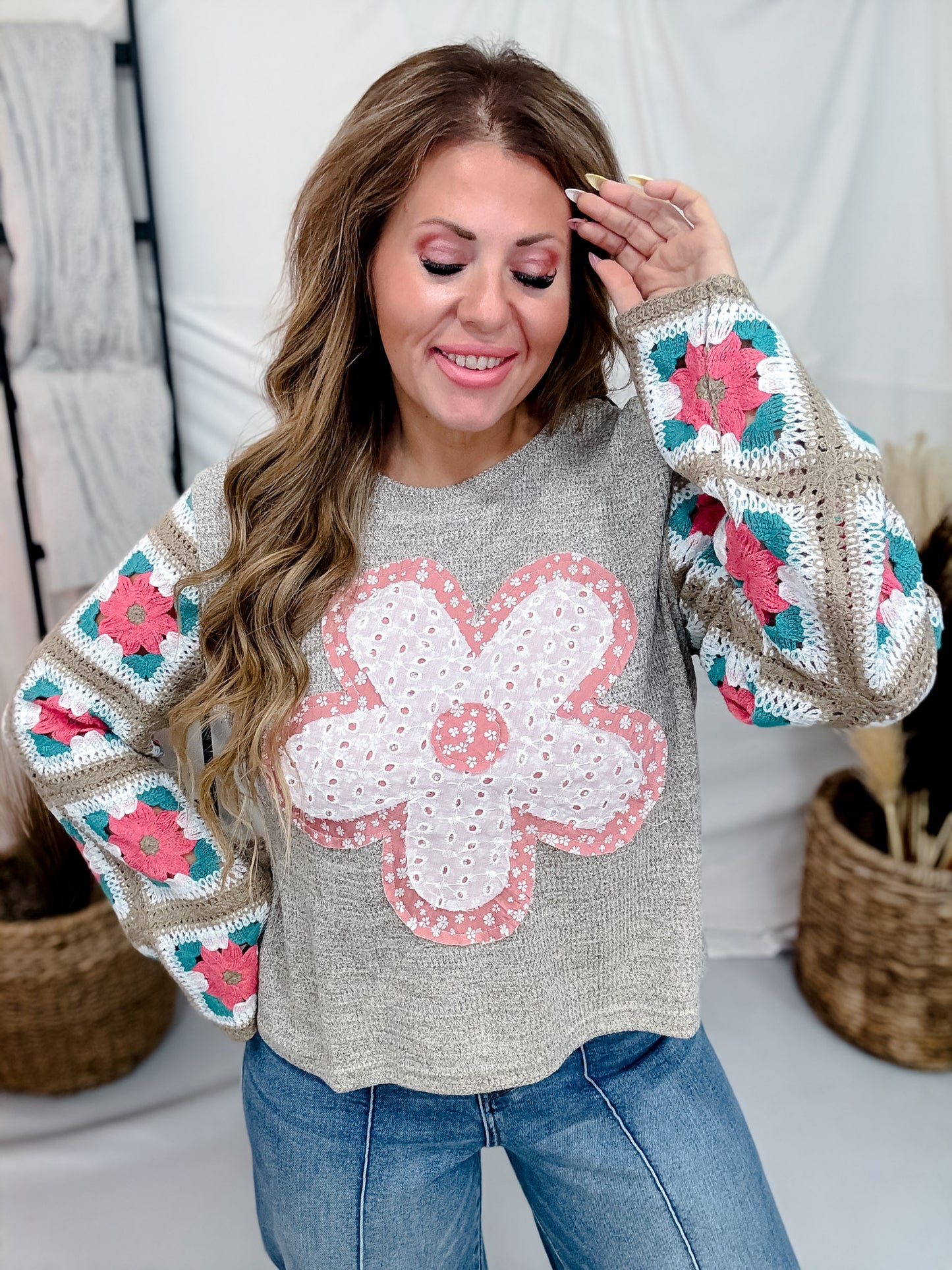 Marled Knit Top With Eyelet Flower & Crochet Sleeves