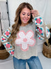 Marled Knit Top With Eyelet Flower & Crochet Sleeves