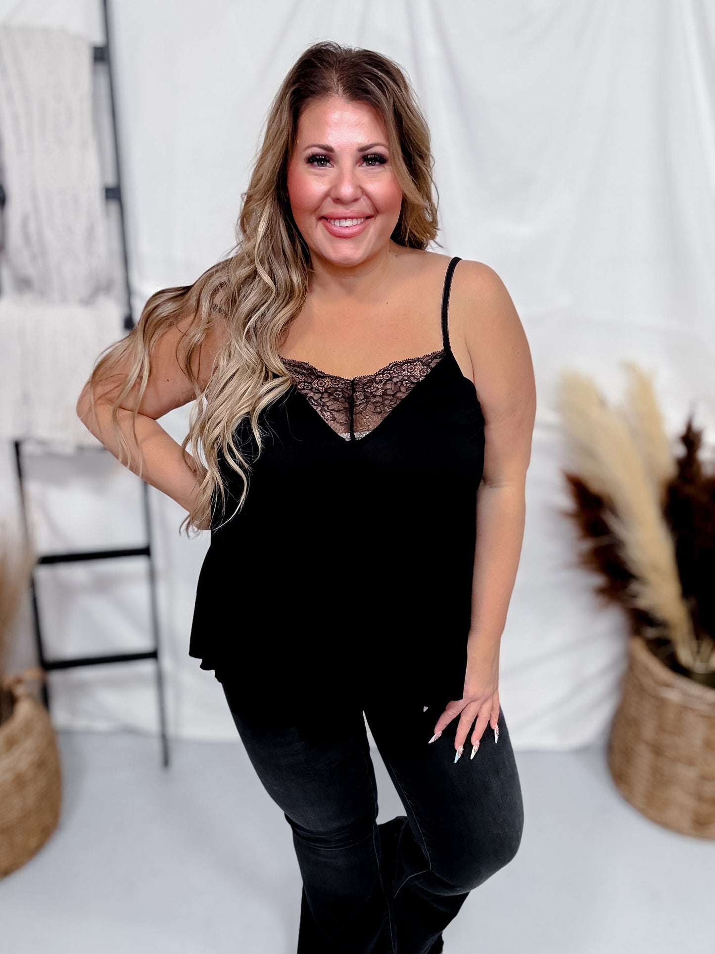Jet Black V-Neck Camisole Tank Top W/ Lace Detail