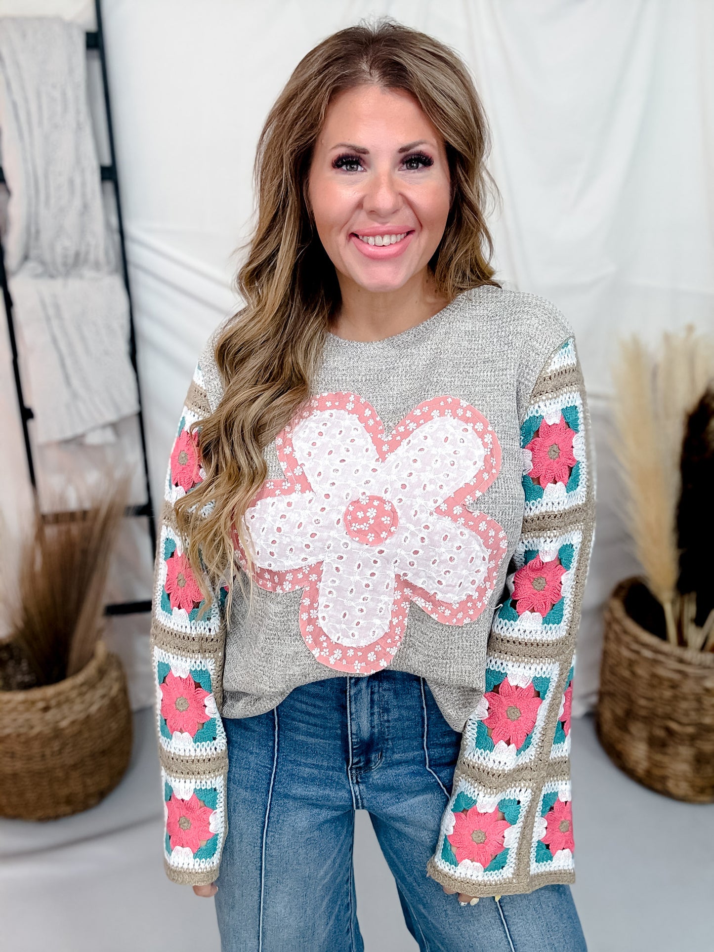 Marled Knit Top With Eyelet Flower & Crochet Sleeves