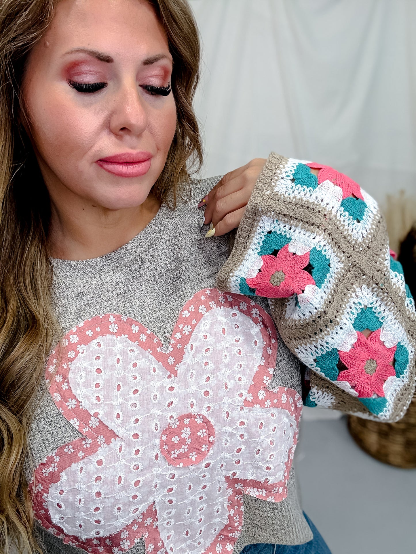 Marled Knit Top With Eyelet Flower & Crochet Sleeves