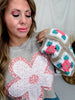 Marled Knit Top With Eyelet Flower & Crochet Sleeves