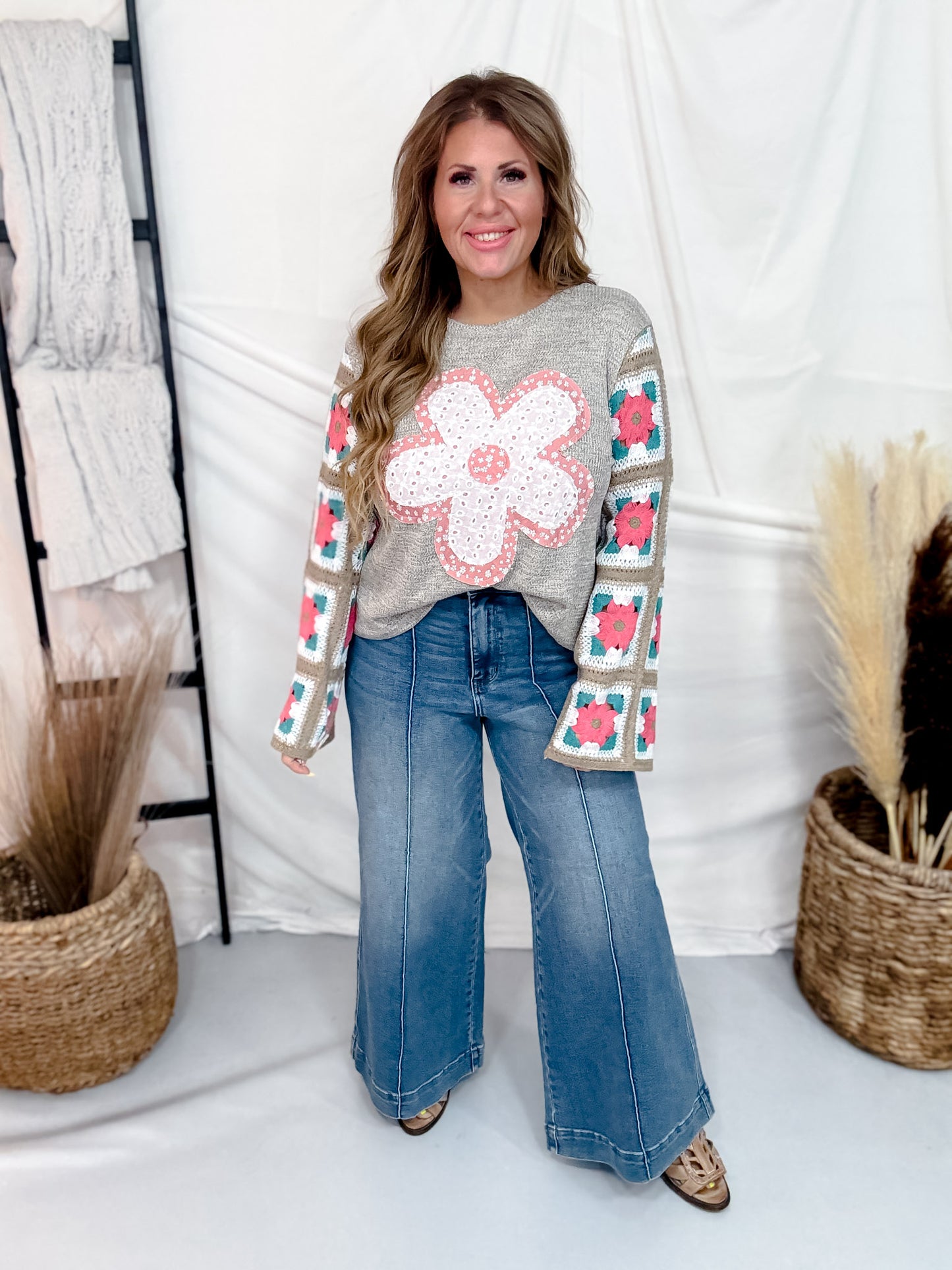 Marled Knit Top With Eyelet Flower & Crochet Sleeves