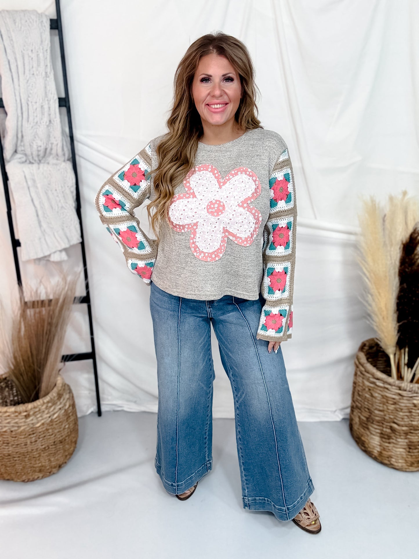 Marled Knit Top With Eyelet Flower & Crochet Sleeves
