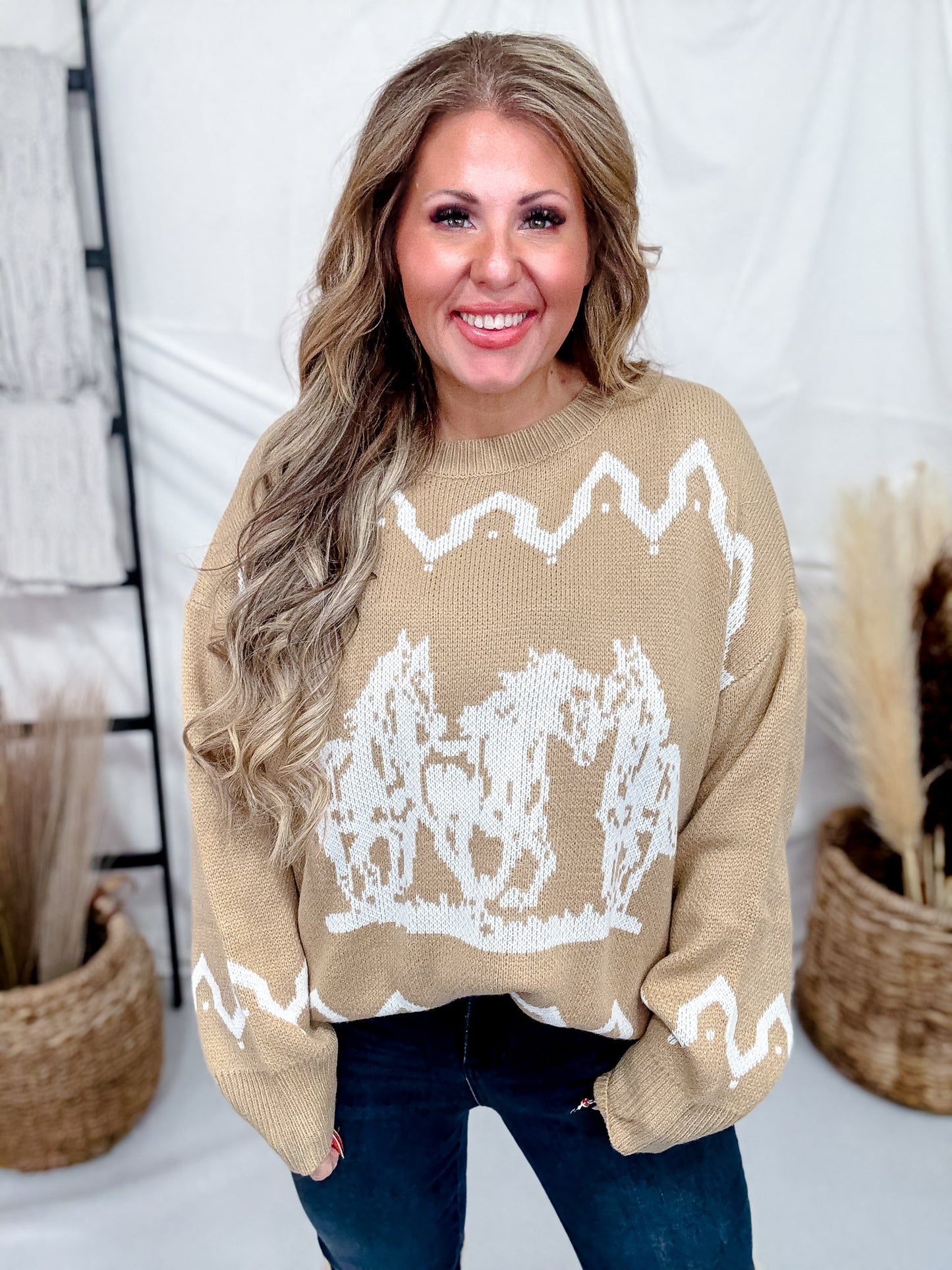 Brown & Ivory Sweater With Running Horse Graphic