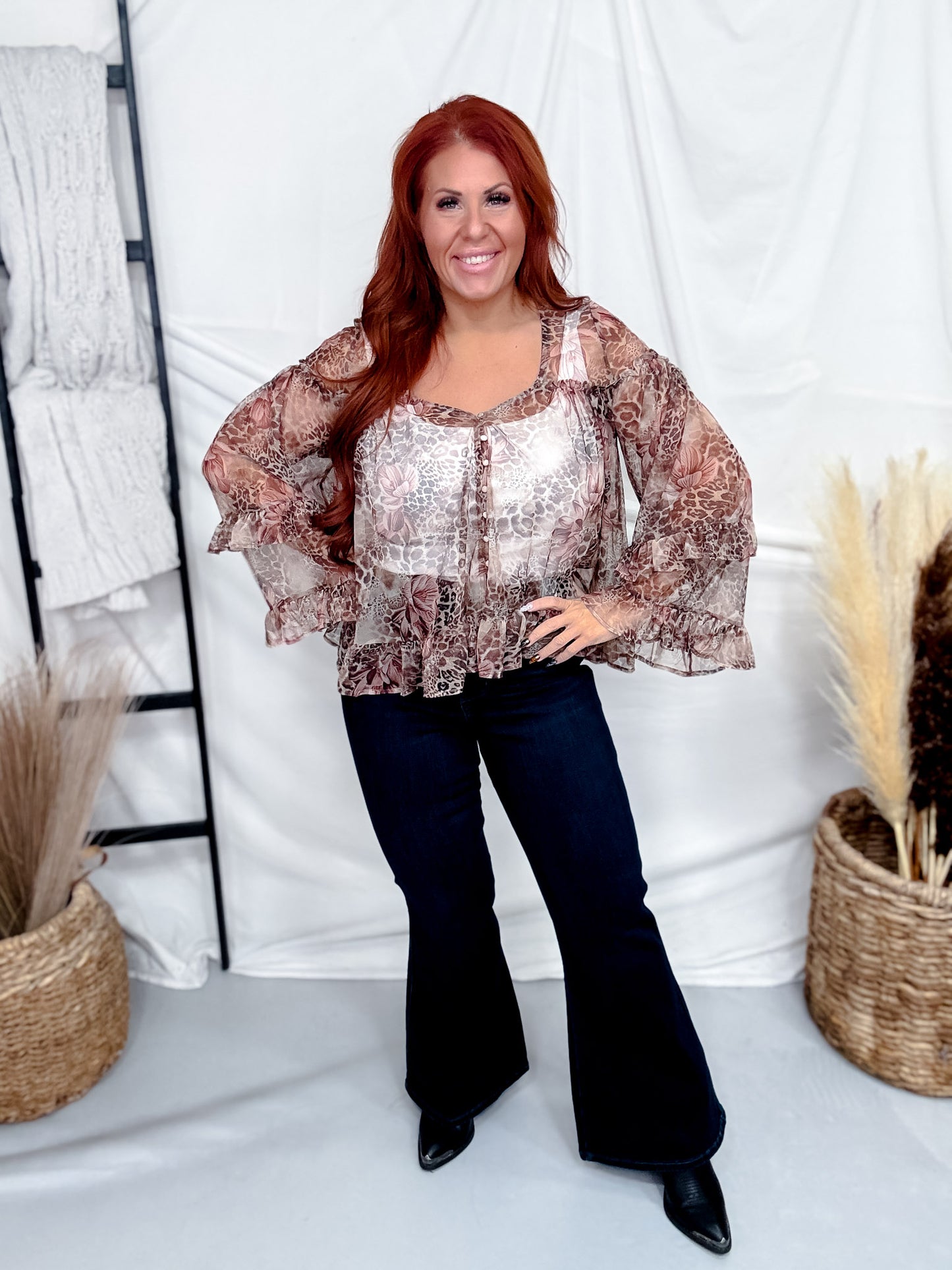 Floral & Leopard Print Chiffon Top With Ruffled Bell Sleeves