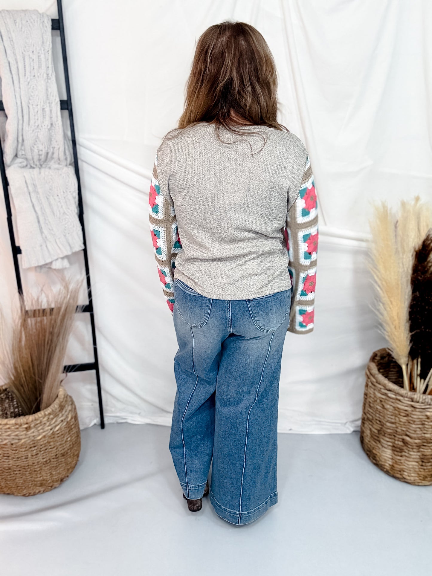 Marled Knit Top With Eyelet Flower & Crochet Sleeves