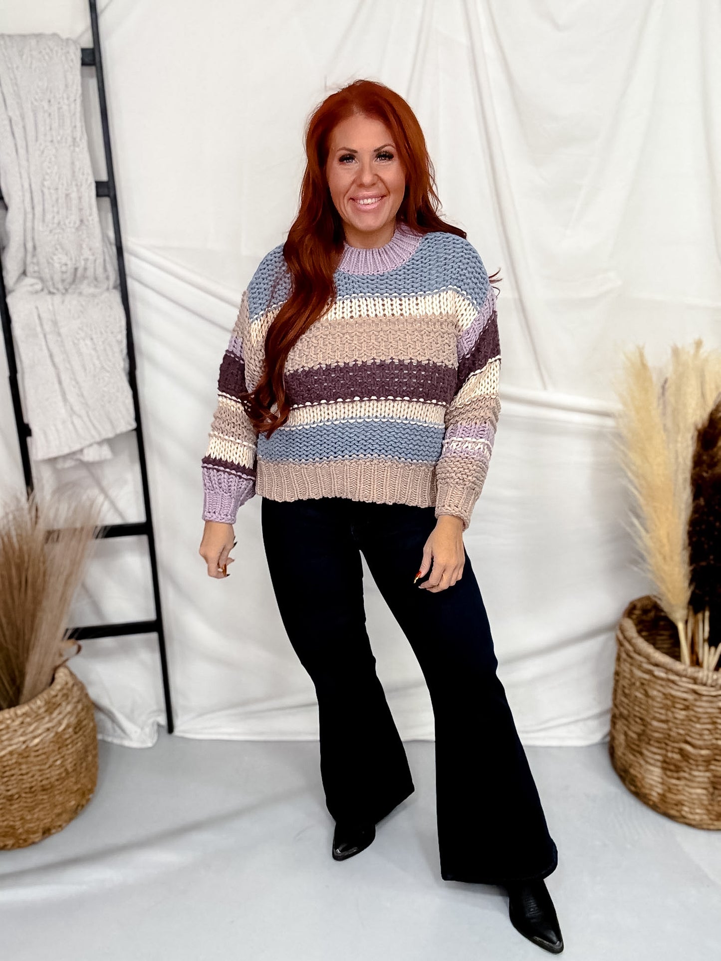 Blue & Lavender Striped Crochet Knit Sweater