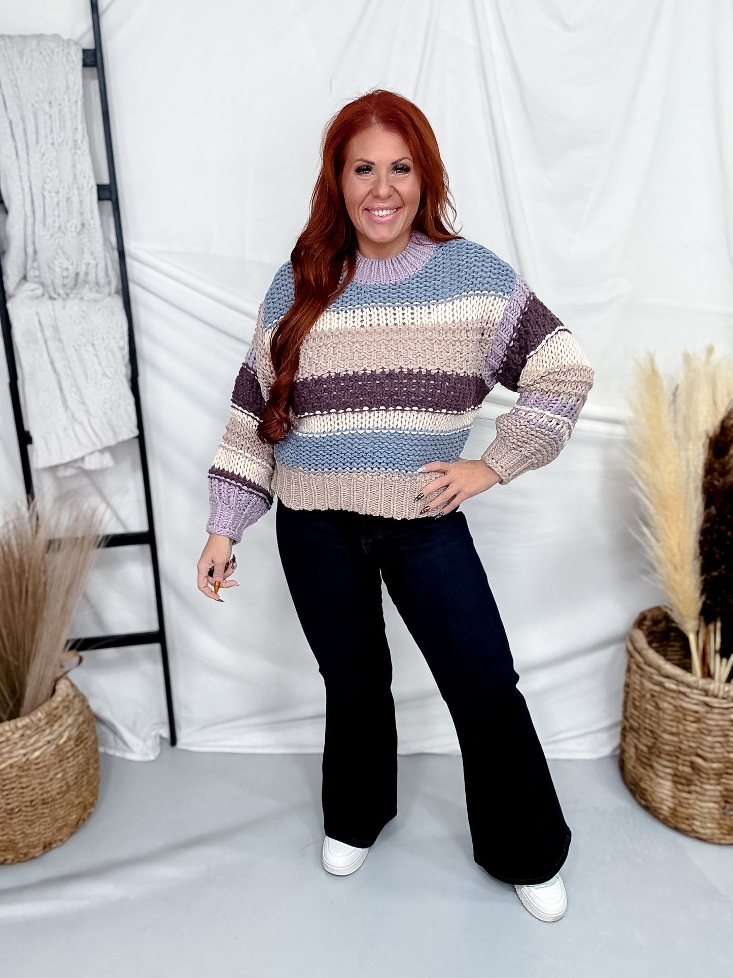 Blue & Lavender Striped Crochet Knit Sweater