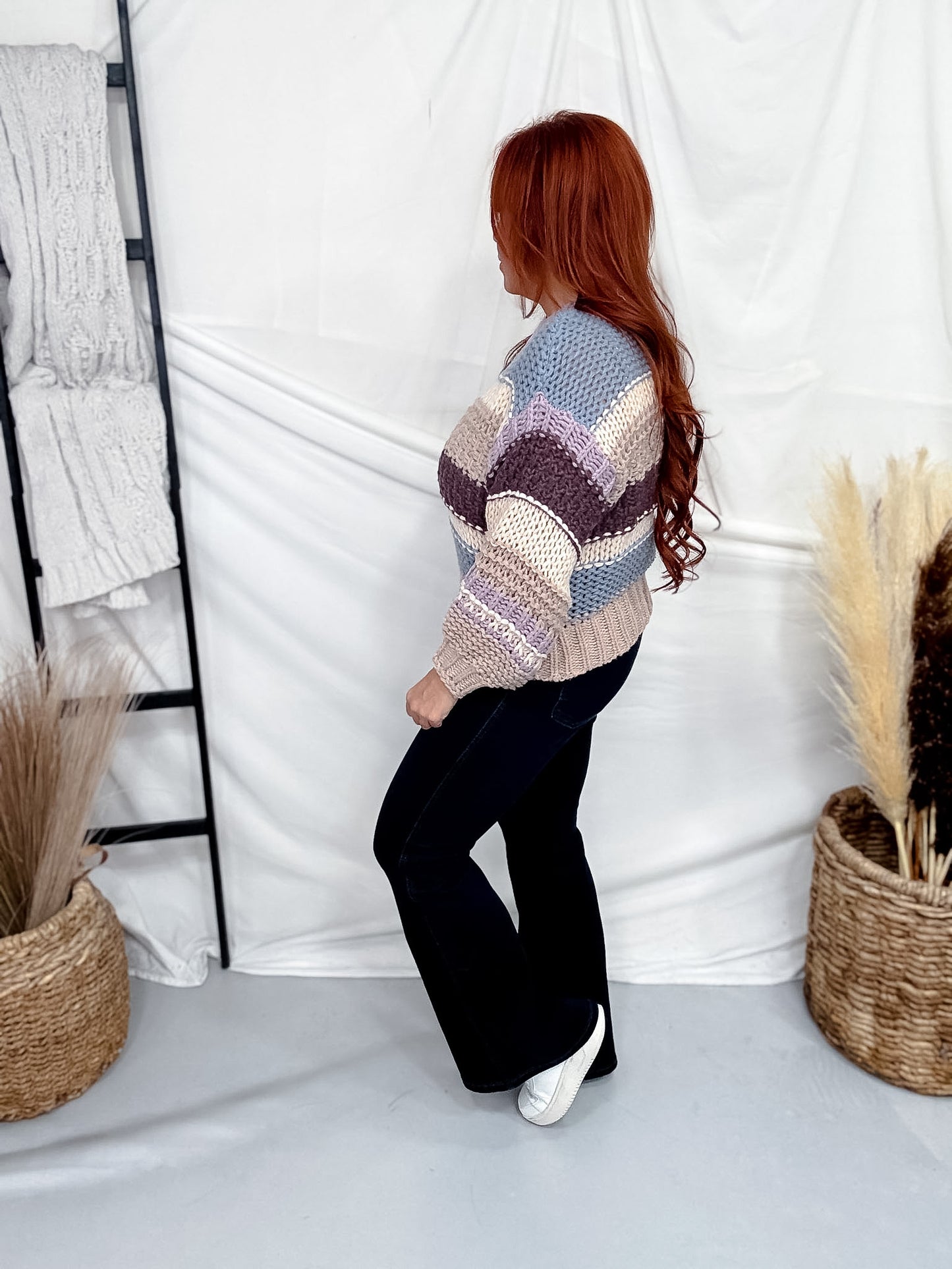 Blue & Lavender Striped Crochet Knit Sweater