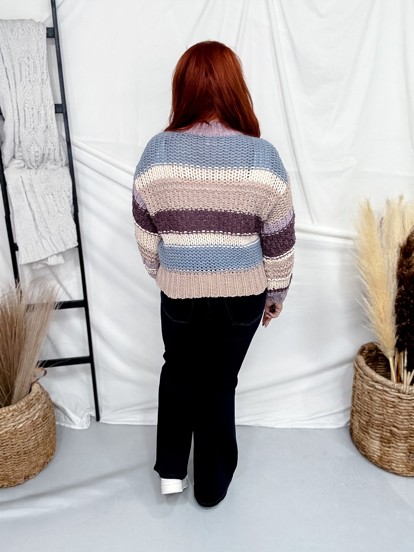 Blue & Lavender Striped Crochet Knit Sweater