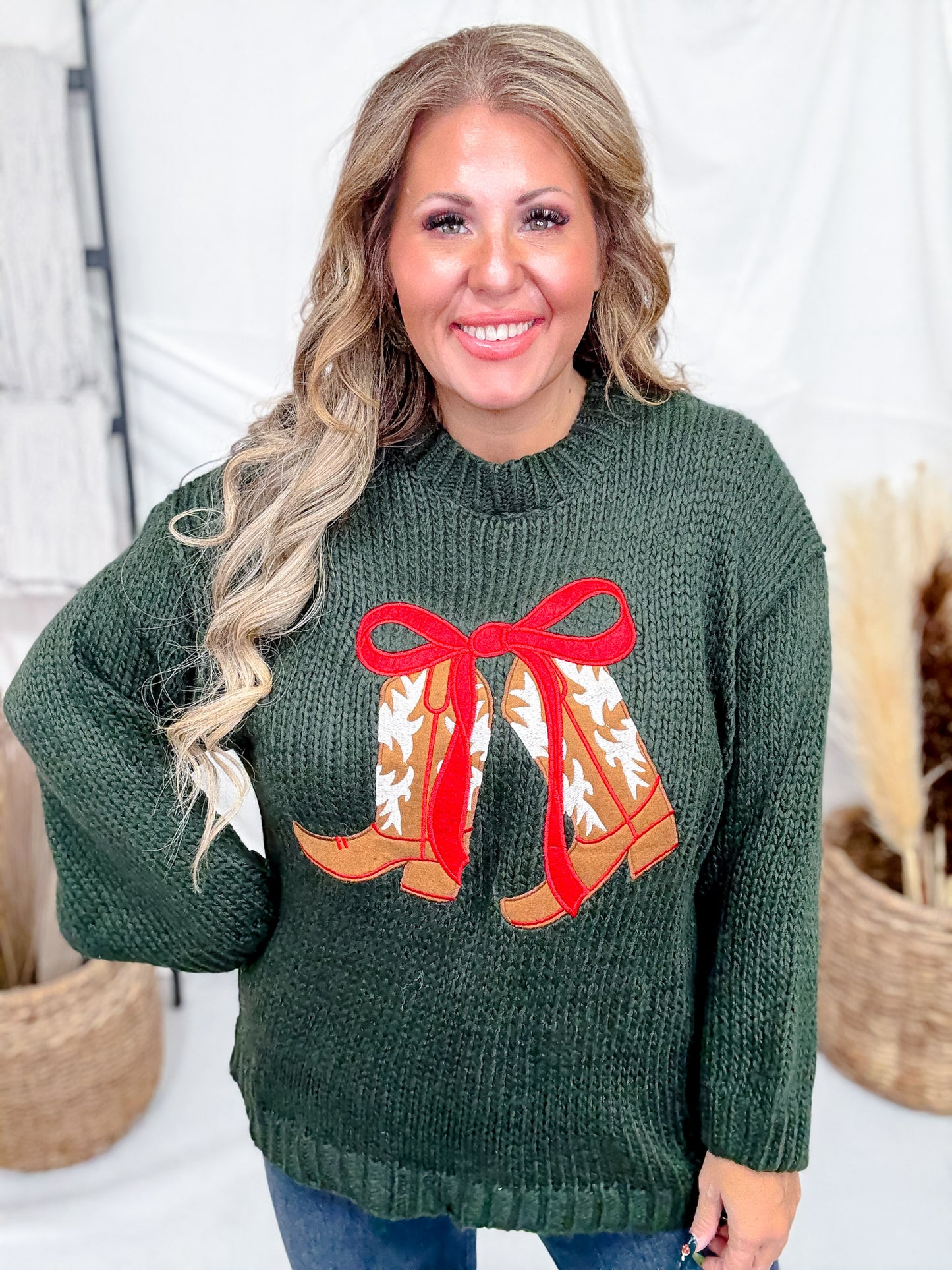 Dark Green Sweater With Festive Cowboy Boots