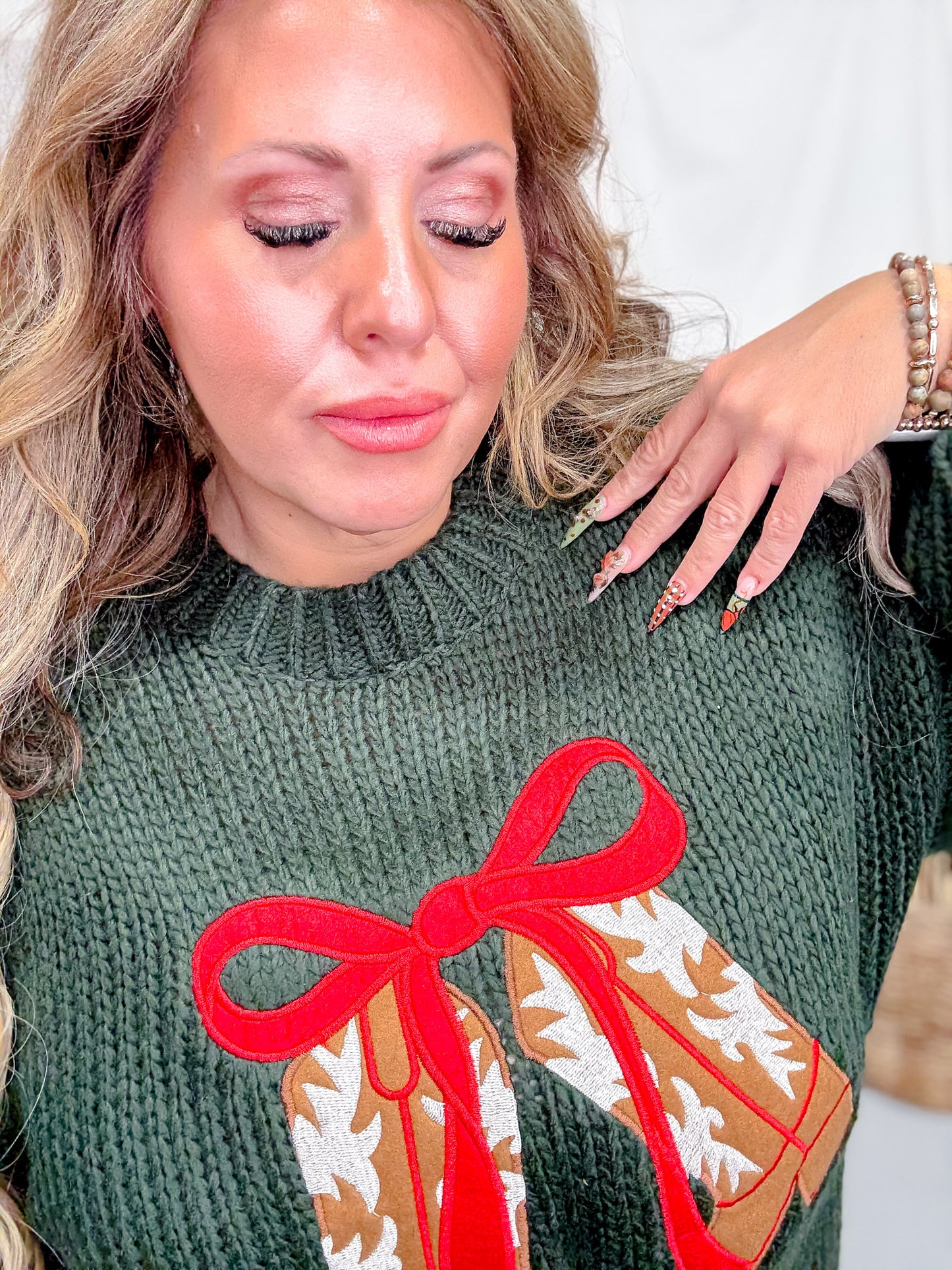 Dark Green Sweater With Festive Cowboy Boots