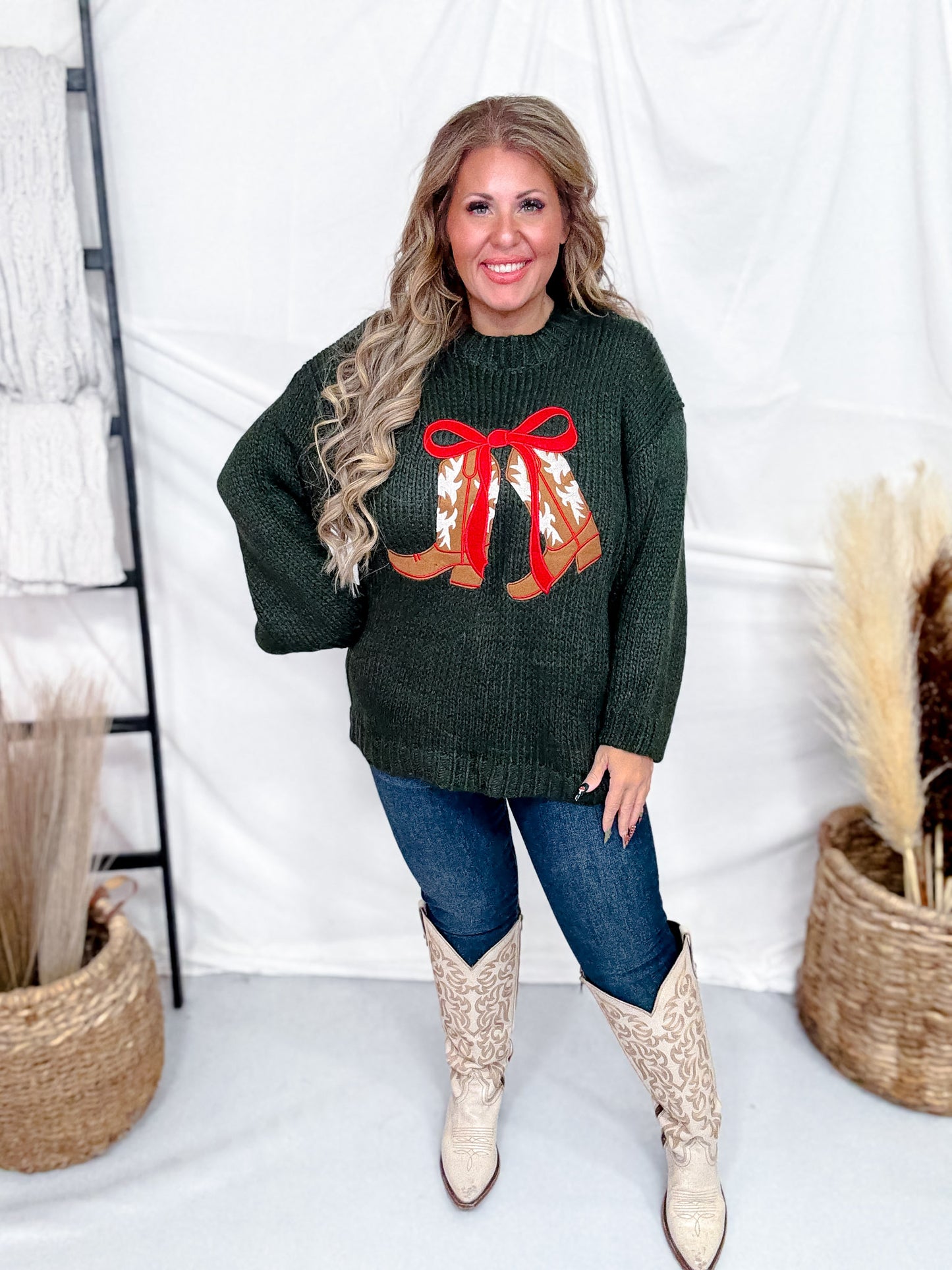 Dark Green Sweater With Festive Cowboy Boots