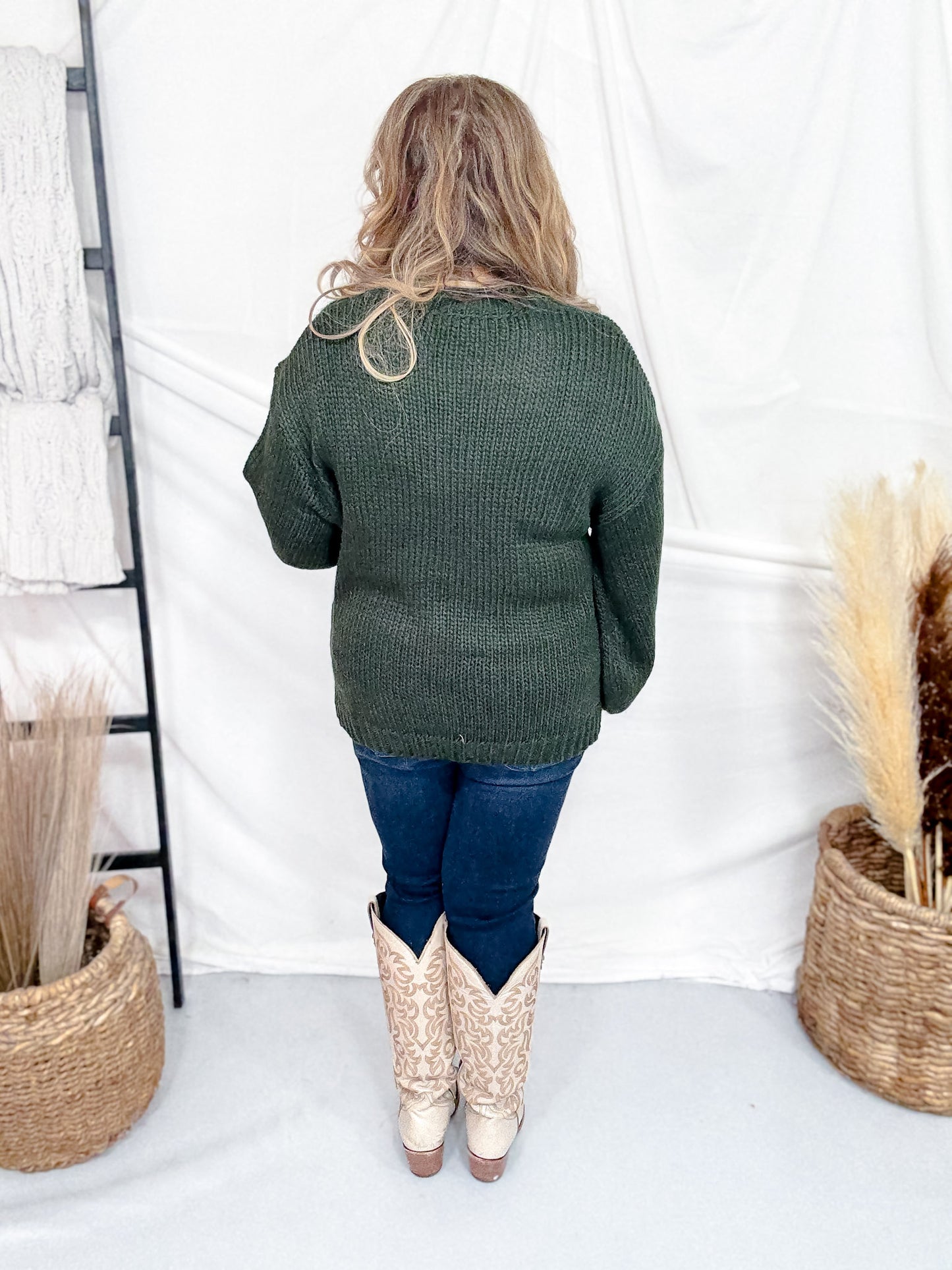 Dark Green Sweater With Festive Cowboy Boots
