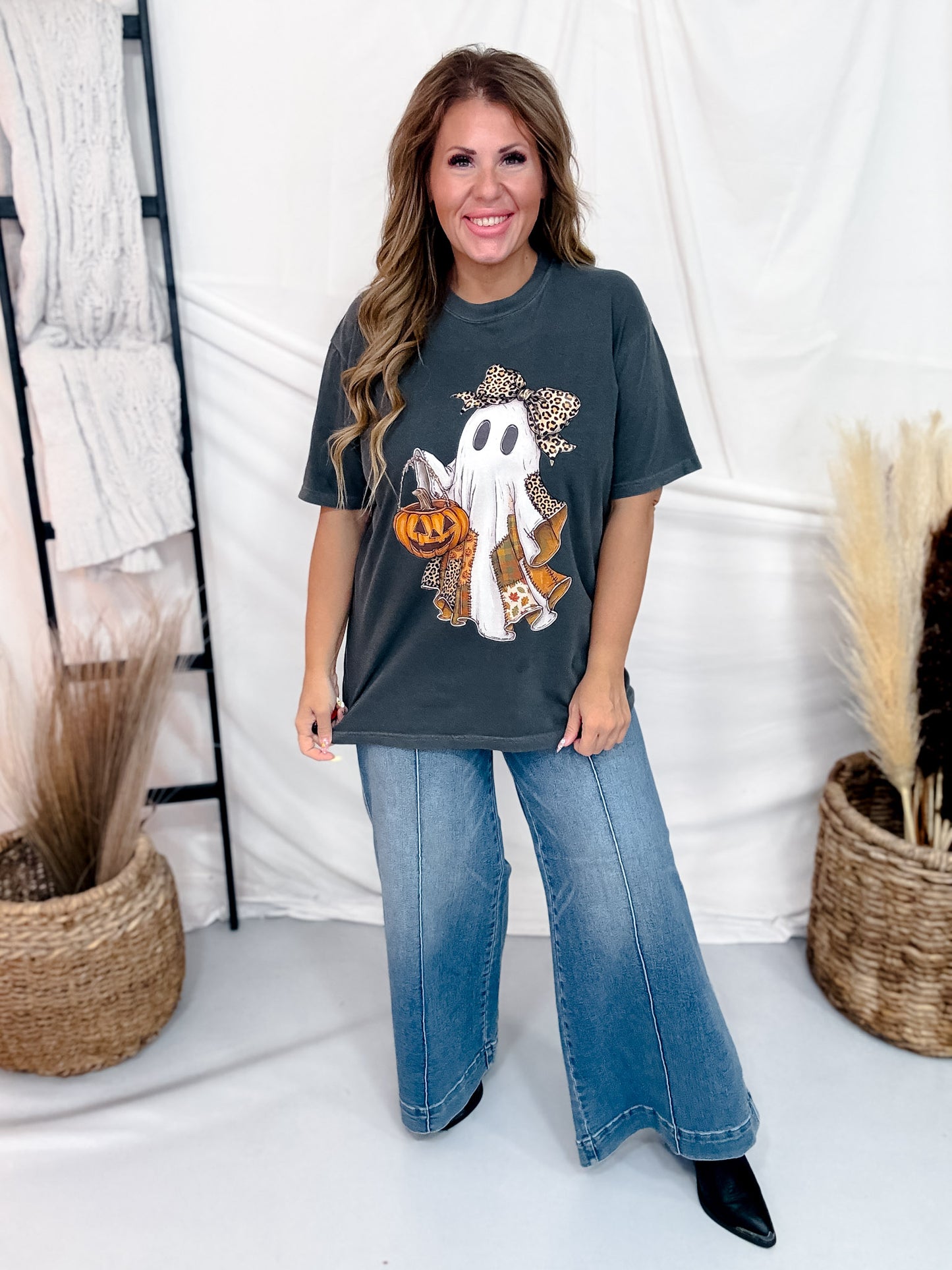 Leopard Print Patchwork Ghost Short Sleeve Graphic Tee