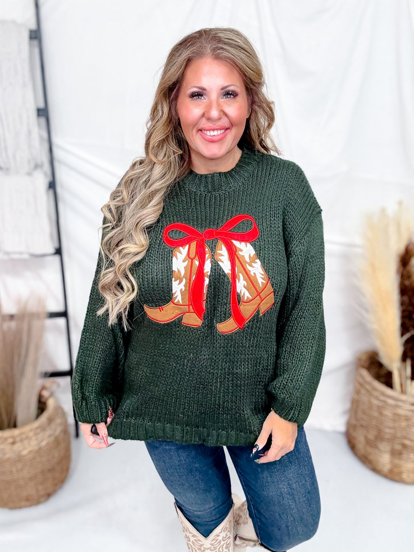 Dark Green Sweater With Festive Cowboy Boots