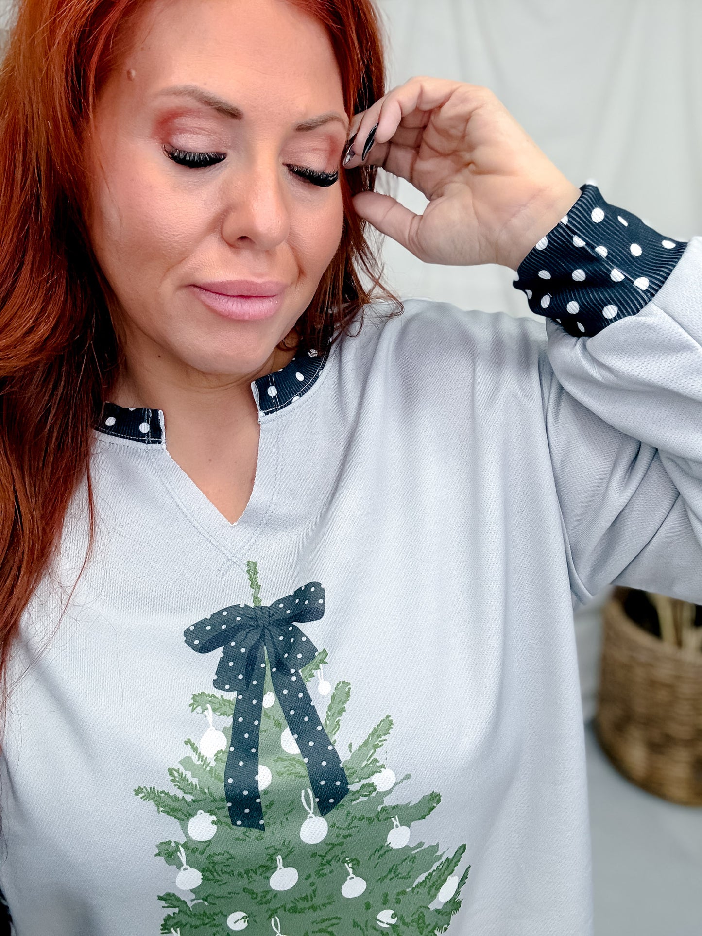 Polka Dot Christmas Tree Pullover With Notched Neckline