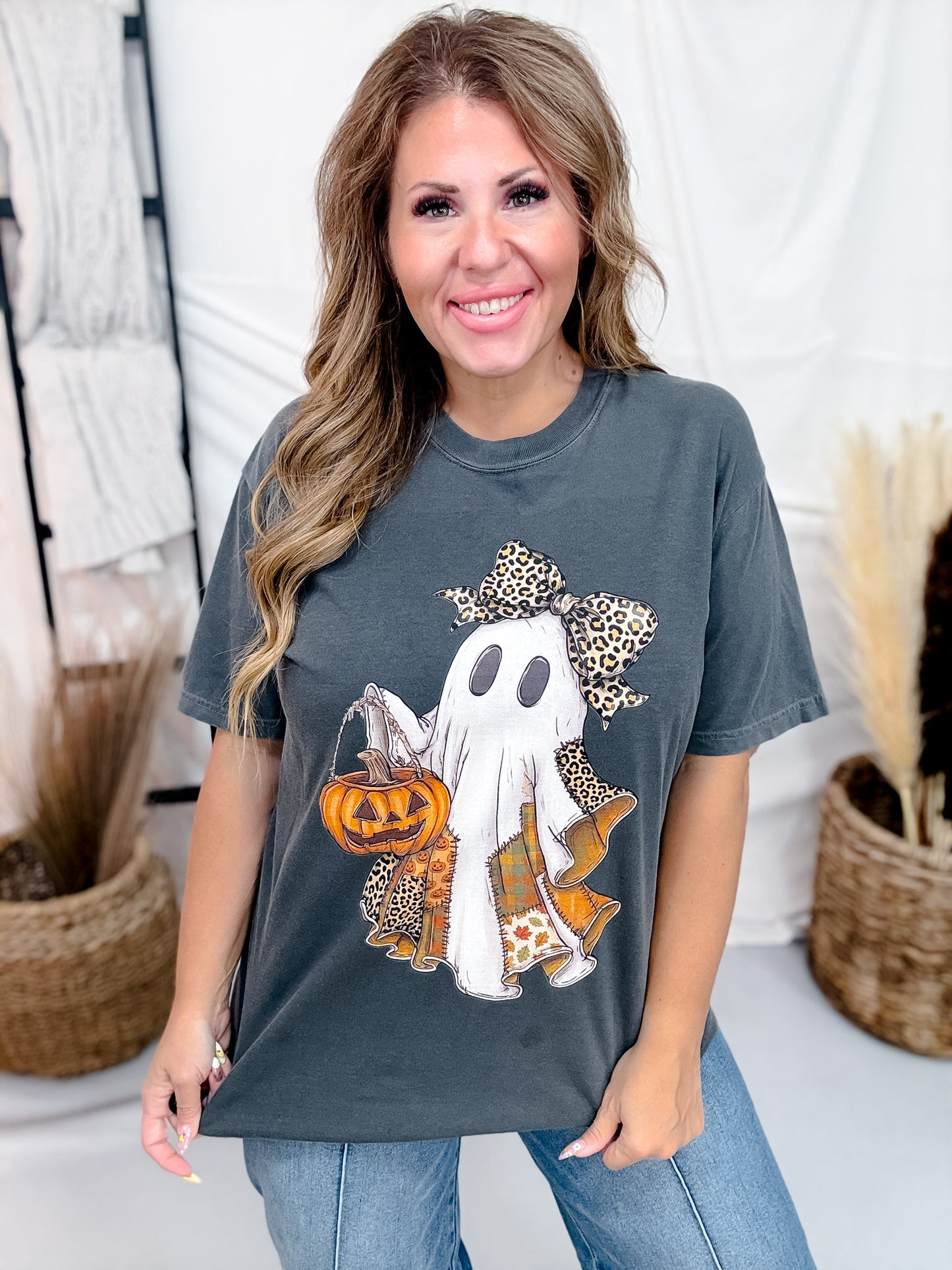 Leopard Print Patchwork Ghost Short Sleeve Graphic Tee