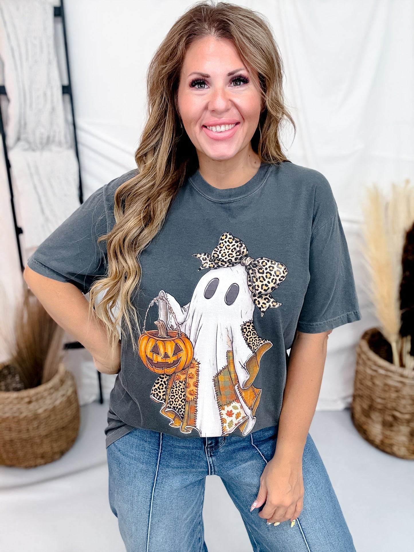 Leopard Print Patchwork Ghost Short Sleeve Graphic Tee